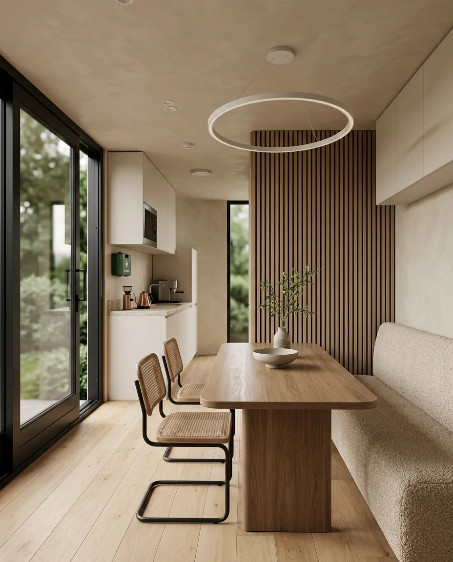 Silva Focus interieur met warme materialen en eettafel