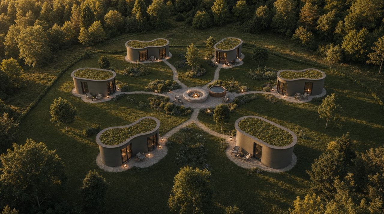 Impressie van een Silva-hof: zes villa's rond een gedeeld erf in avondlicht