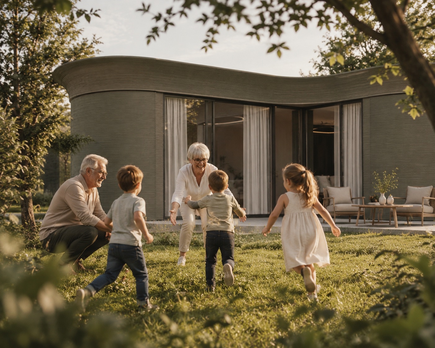 Silva Embrace mantelzorgwoning met grootouders en kleinkinderen in de tuin
