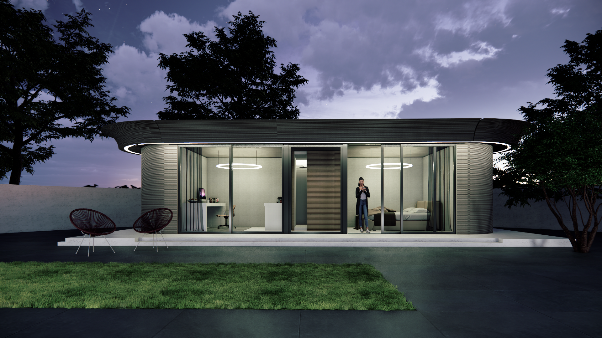 Silva Serenity luxe gastenverblijf in de tuin bij avondlicht