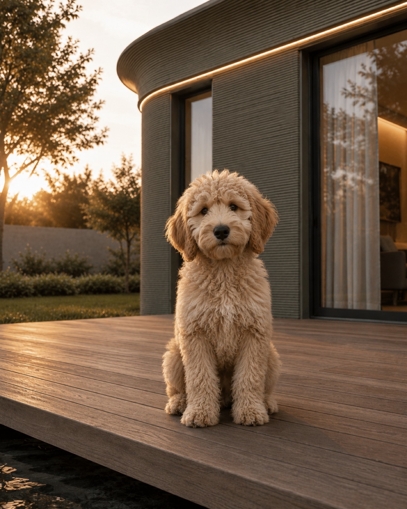 Puppy wacht op het terras van een Silva in de avondzon